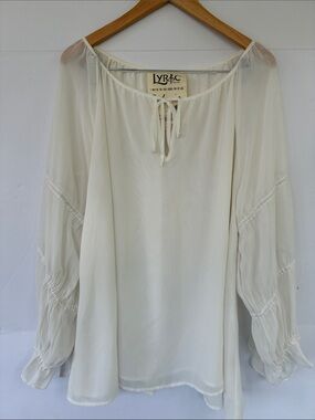 Lyric Culture Janis Joplin Boho Peasant Blouse White Cream Tie-Neck Size L